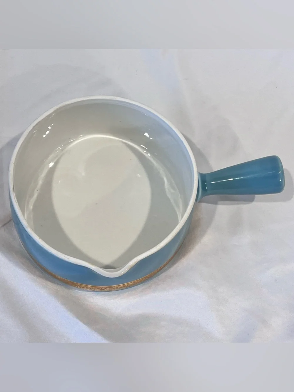 Vintage French Porcelain Covered Saucepan Blue Gold Made France